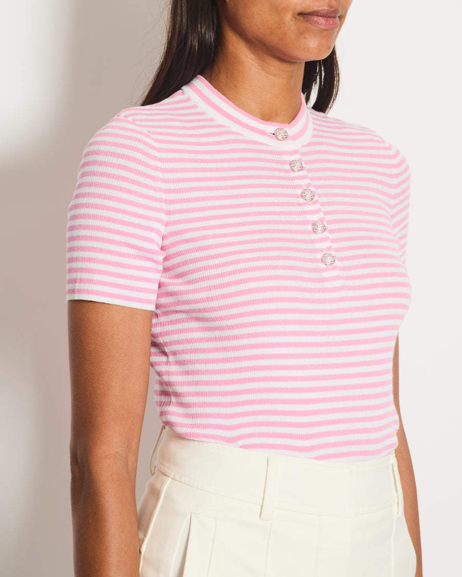 Chanel 24/C Pink and White Short Sleeve Striped Knit T-Shirt With Silver CC Logo Detail Size FR 38 (UK 10)
