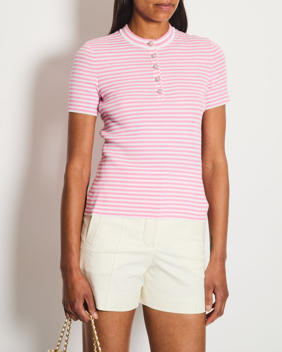 Chanel 24/C Pink and White Short Sleeve Striped Knit T-Shirt With Silver CC Logo Detail Size FR 38 (UK 10)