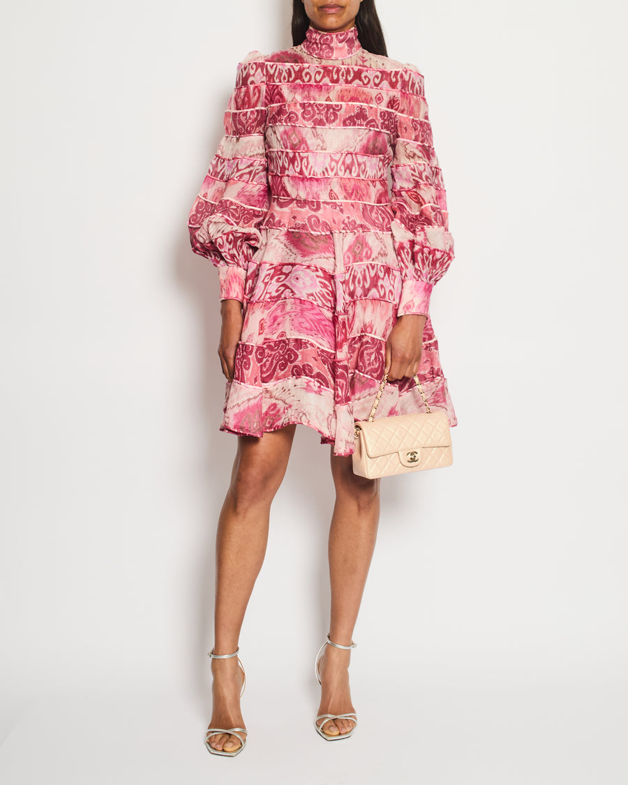 Zimmermann Pink Silk Abstract Printed Long-Sleeve Mini Dress Size 0 (UK 8)