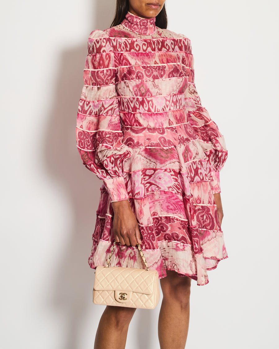 Zimmermann Pink Silk Abstract Printed Long-Sleeve Mini Dress Size 0 (UK 8)