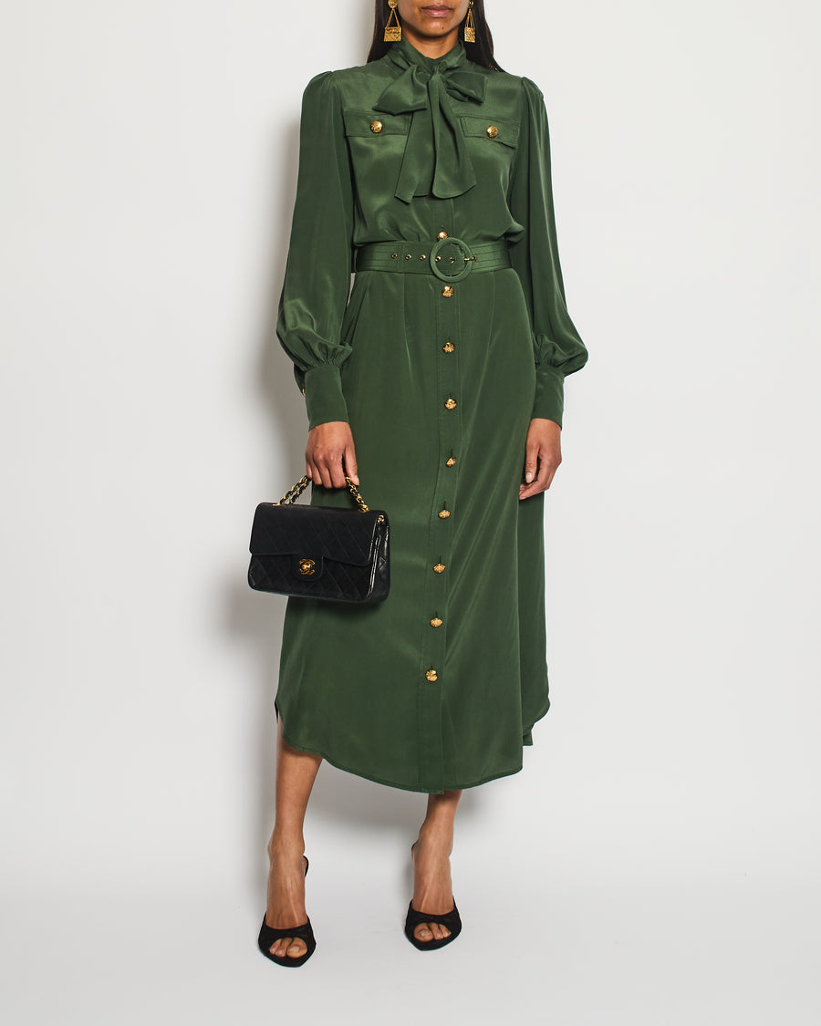 Zimmermann Green Neck-Tie Long Sleeve Belted Midi Dress with Gold Button Details Size 1 (UK 10)