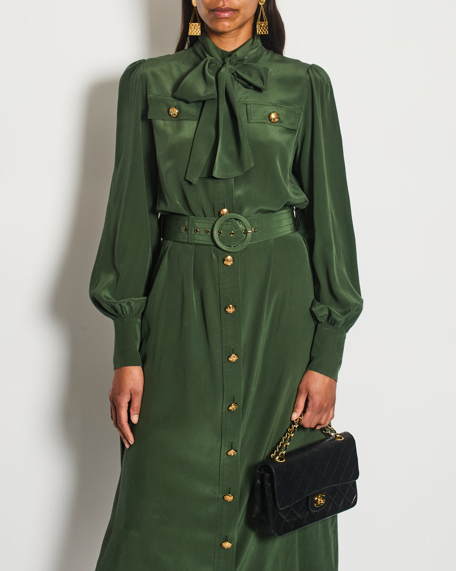 Zimmermann Green Neck-Tie Long Sleeve Belted Midi Dress with Gold Button Details Size 1 (UK 10)