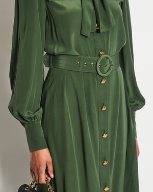 Zimmermann Green Neck-Tie Long Sleeve Belted Midi Dress with Gold Button Details Size 1 (UK 10)