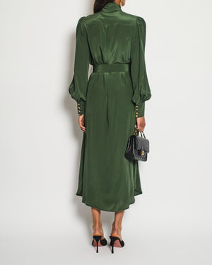 Zimmermann Green Neck-Tie Long Sleeve Belted Midi Dress with Gold Button Details Size 1 (UK 10)