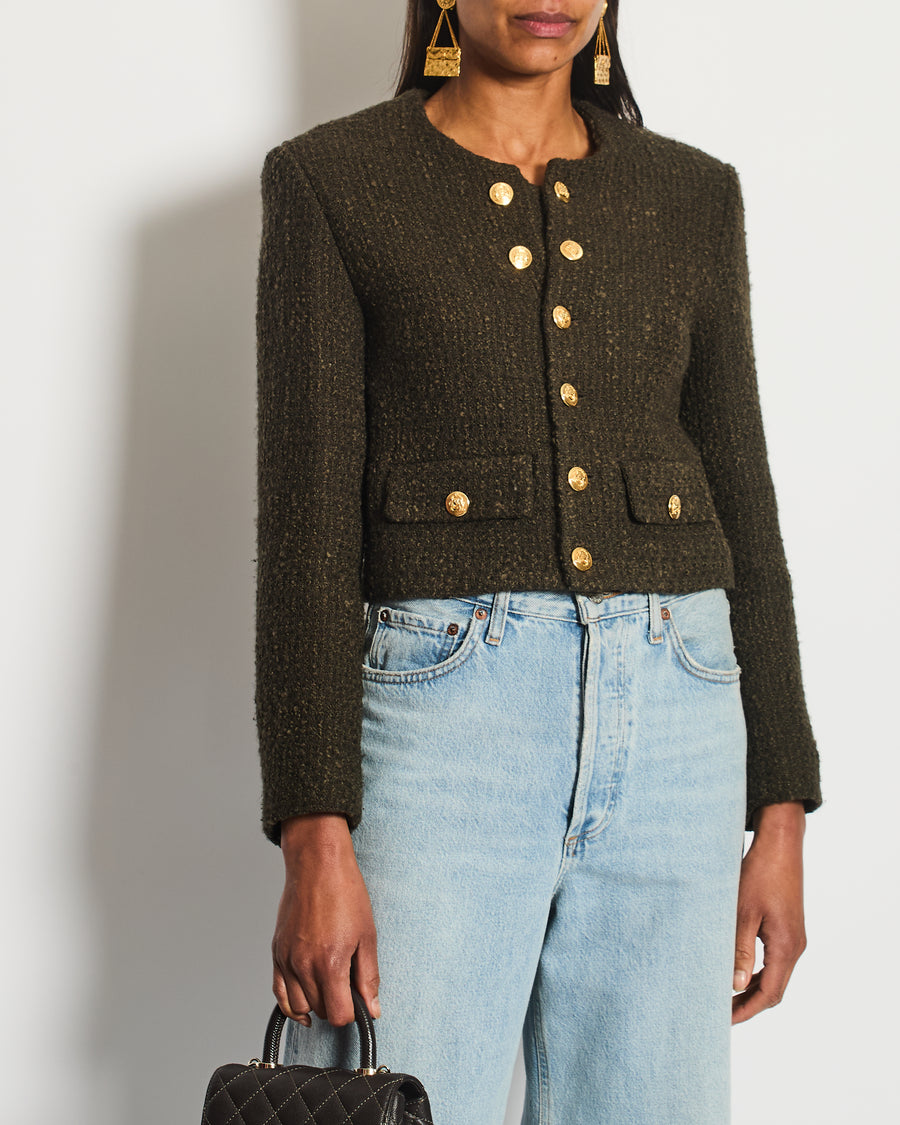 Celine Khaki Green Cropped Jacket with Gold Crest Button Details Size FR 34 (UK 6)