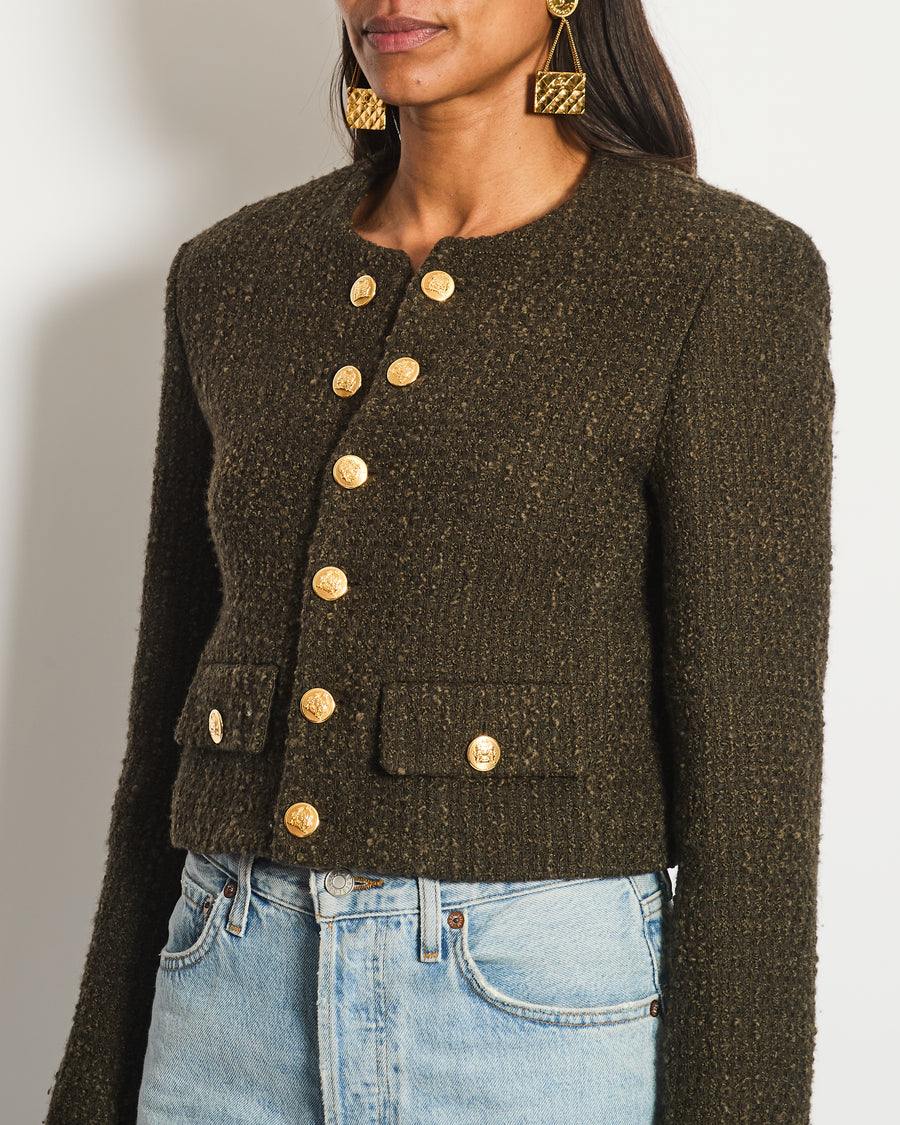 Celine Khaki Green Cropped Jacket with Gold Crest Button Details Size FR 34 (UK 6)