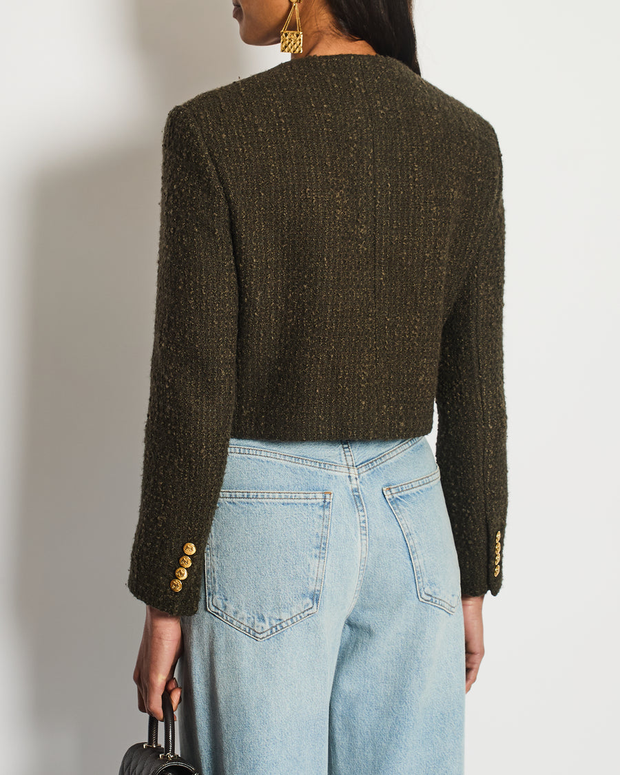 Celine Khaki Green Cropped Jacket with Gold Crest Button Details Size FR 34 (UK 6)