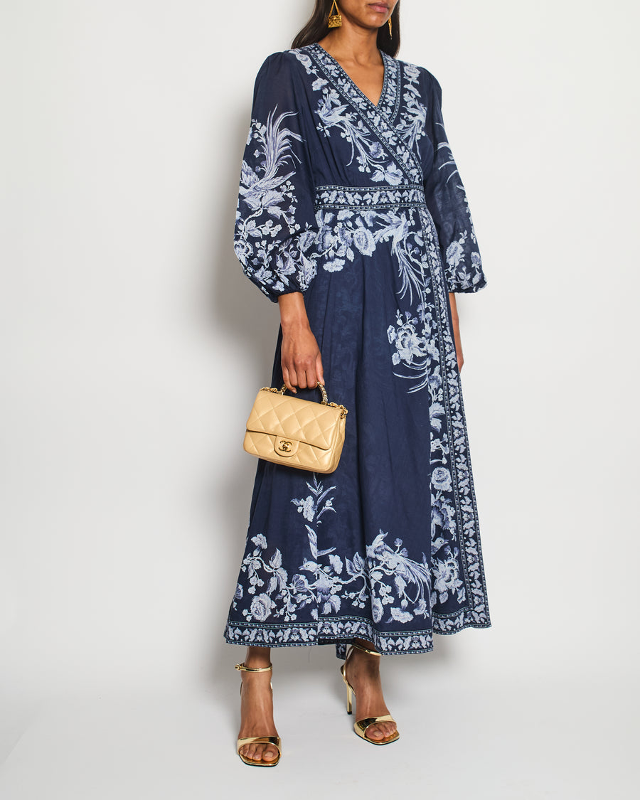 Zimmermann Navy Floral Printed Maxi Dress with Belt Detail Size 3 (UK 12/14)