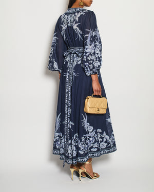 Zimmermann Navy Floral Printed Maxi Dress with Belt Detail Size 3 (UK 12/14)