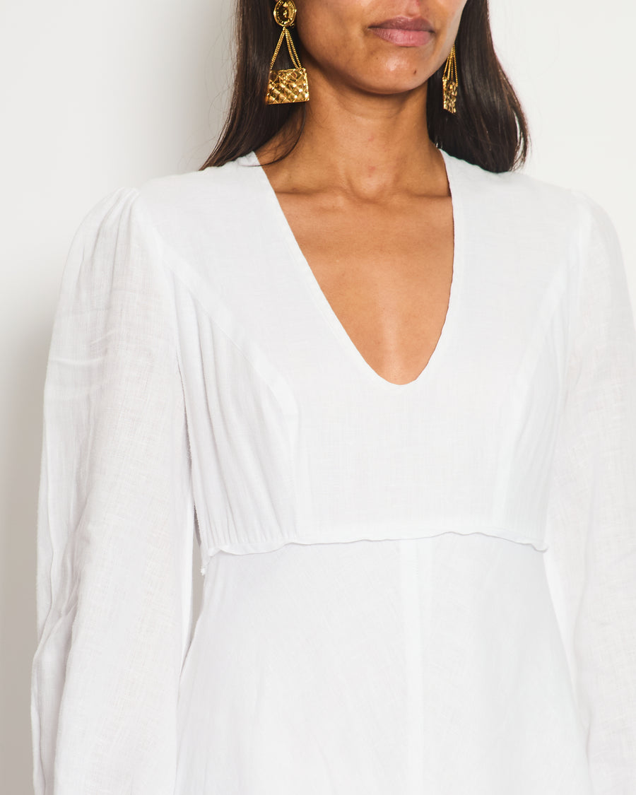 Zimmermann White Linen V-Neck Long-Sleeve Midi Dress Size 2 (UK 10/12)