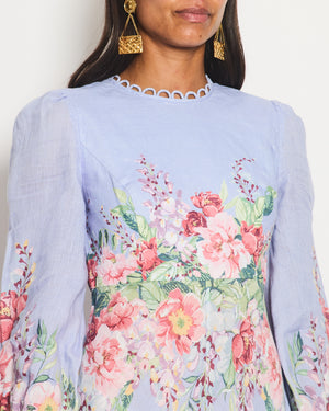 Zimmermann Lilac Linen Long-Sleeve Maxi Dress with Pink Floral Prints Size 1 (UK 10)