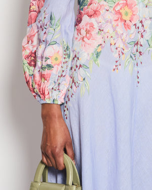 Zimmermann Lilac Linen Long-Sleeve Maxi Dress with Pink Floral Prints Size 1 (UK 10)