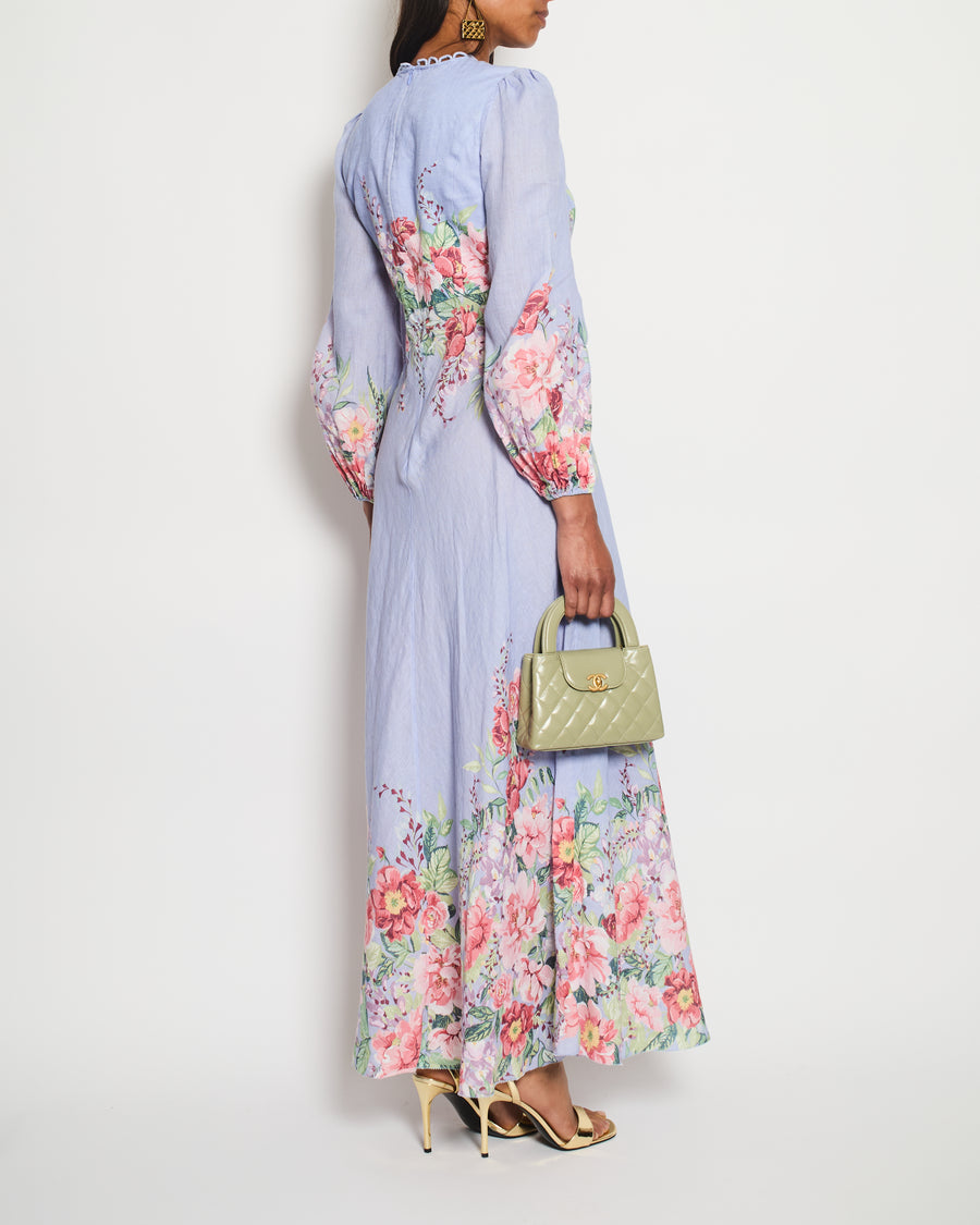 Zimmermann Lilac Linen Long-Sleeve Maxi Dress with Pink Floral Prints Size 1 (UK 10)