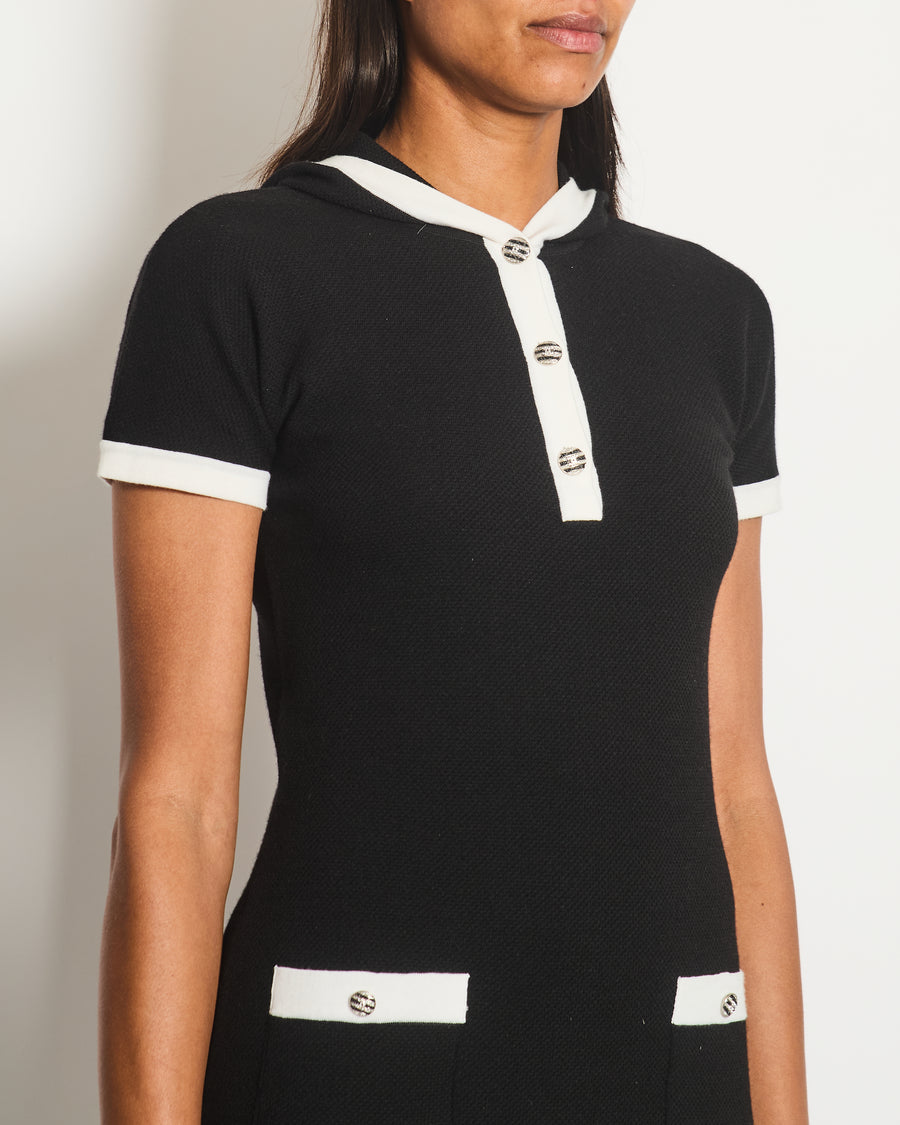 Chanel Black and White Short Sleeve Knitted Hoodie Dress with Crystal Buttons and Pocket Detail Size FR 34 (UK 6)