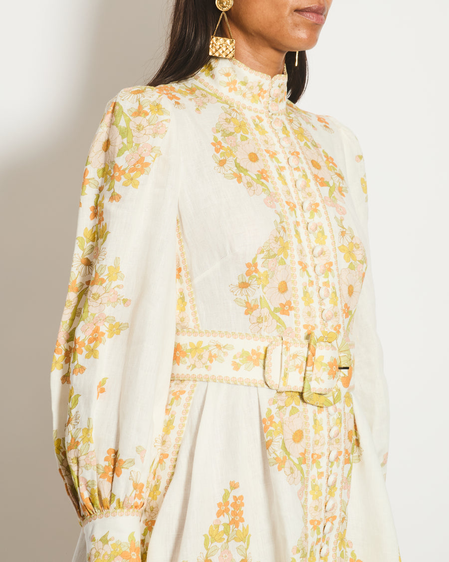 Zimmermann White Linen Long Sleeve Belted Mini Dress with Yellow and Orange Floral Print Detail Size 0 (UK 8)
