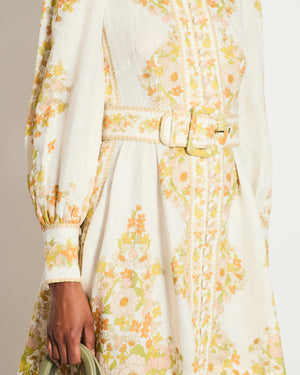Zimmermann White Linen Long Sleeve Belted Mini Dress with Yellow and Orange Floral Print Detail Size 0 (UK 8)