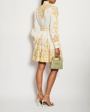 Zimmermann White Linen Long Sleeve Belted Mini Dress with Yellow and Orange Floral Print Detail Size 0 (UK 8)