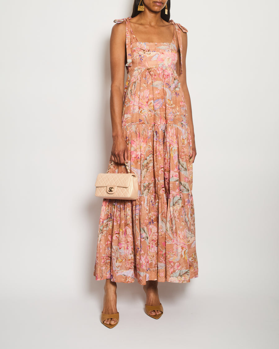 Zimmermann Brown Linen Sleeveless Maxi Dress with Floral Print Detail Size 0 (UK 8)