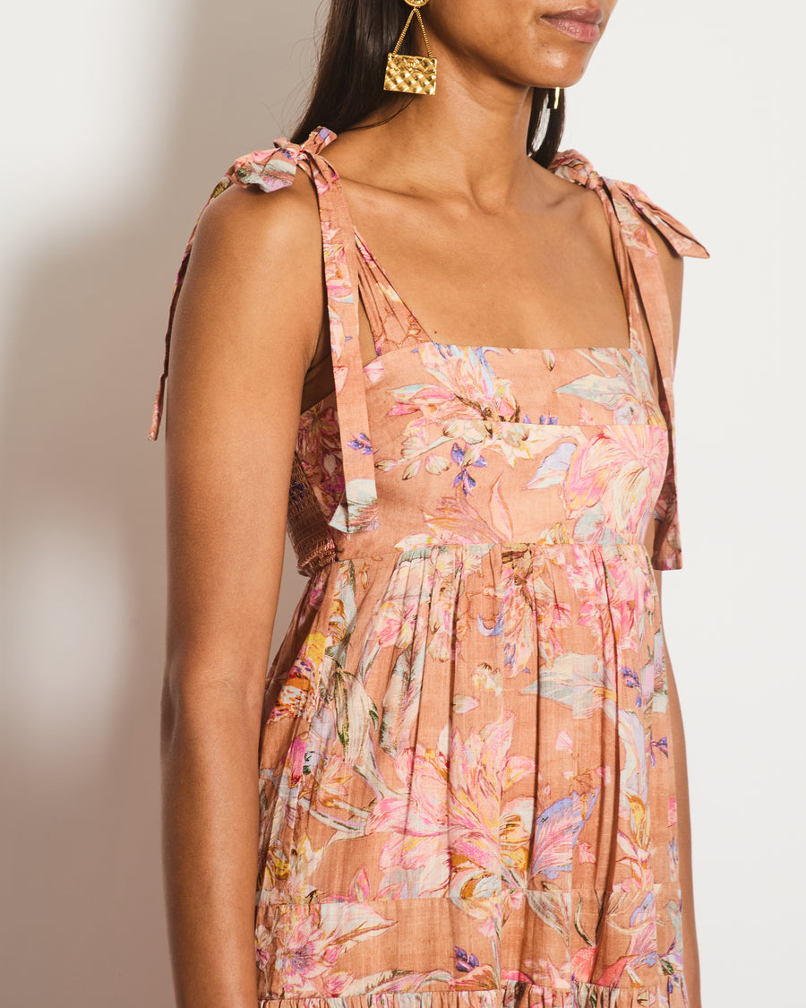 Zimmermann Brown Linen Sleeveless Maxi Dress with Floral Print Detail Size 0 (UK 8)
