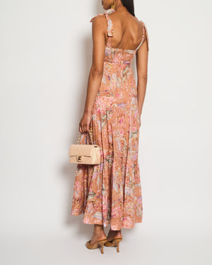 Zimmermann Brown Linen Sleeveless Maxi Dress with Floral Print Detail Size 0 (UK 8)