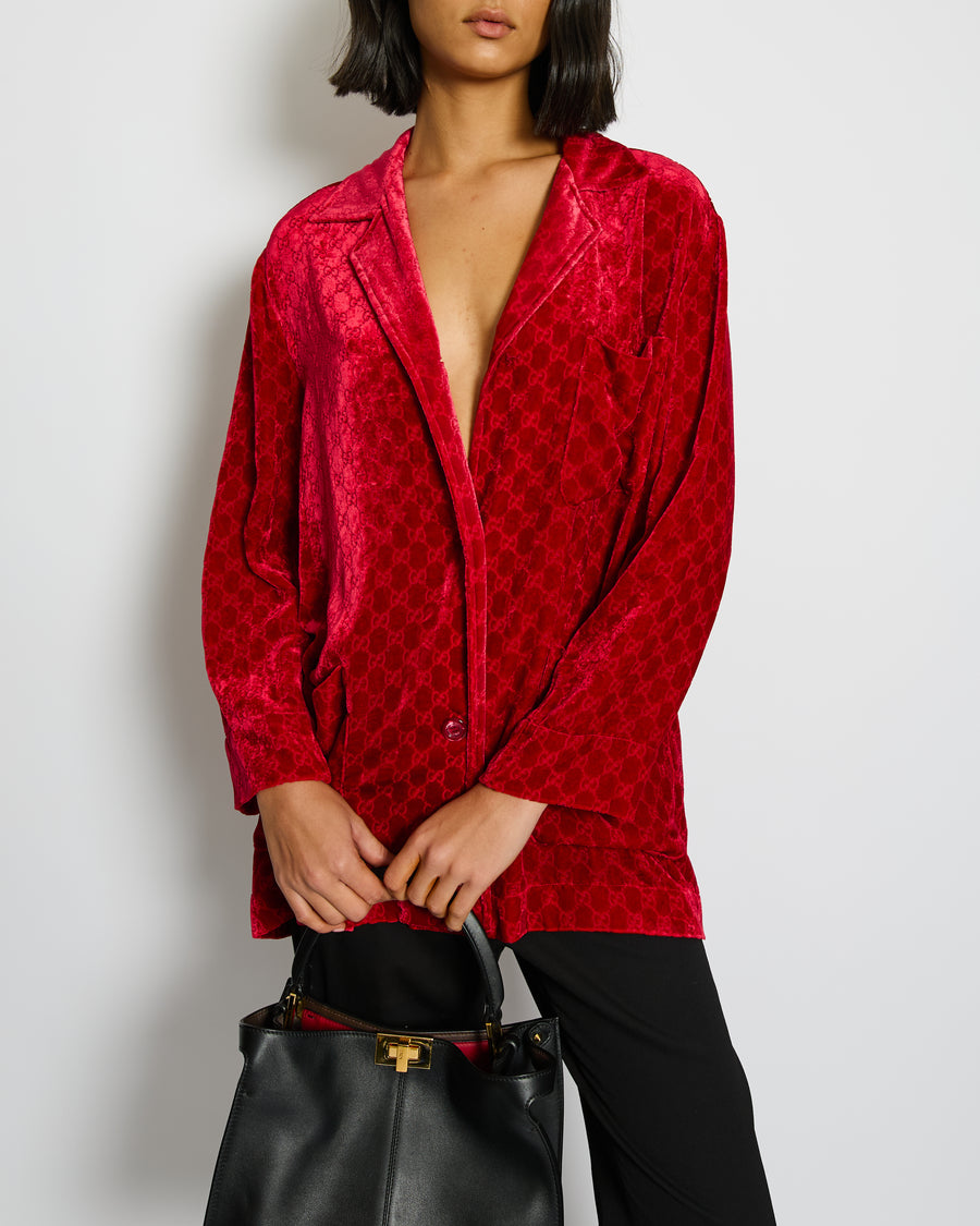 Gucci Red Velvet Long Sleeve GG Monogram Shirt Size IT 38 (UK 6)
