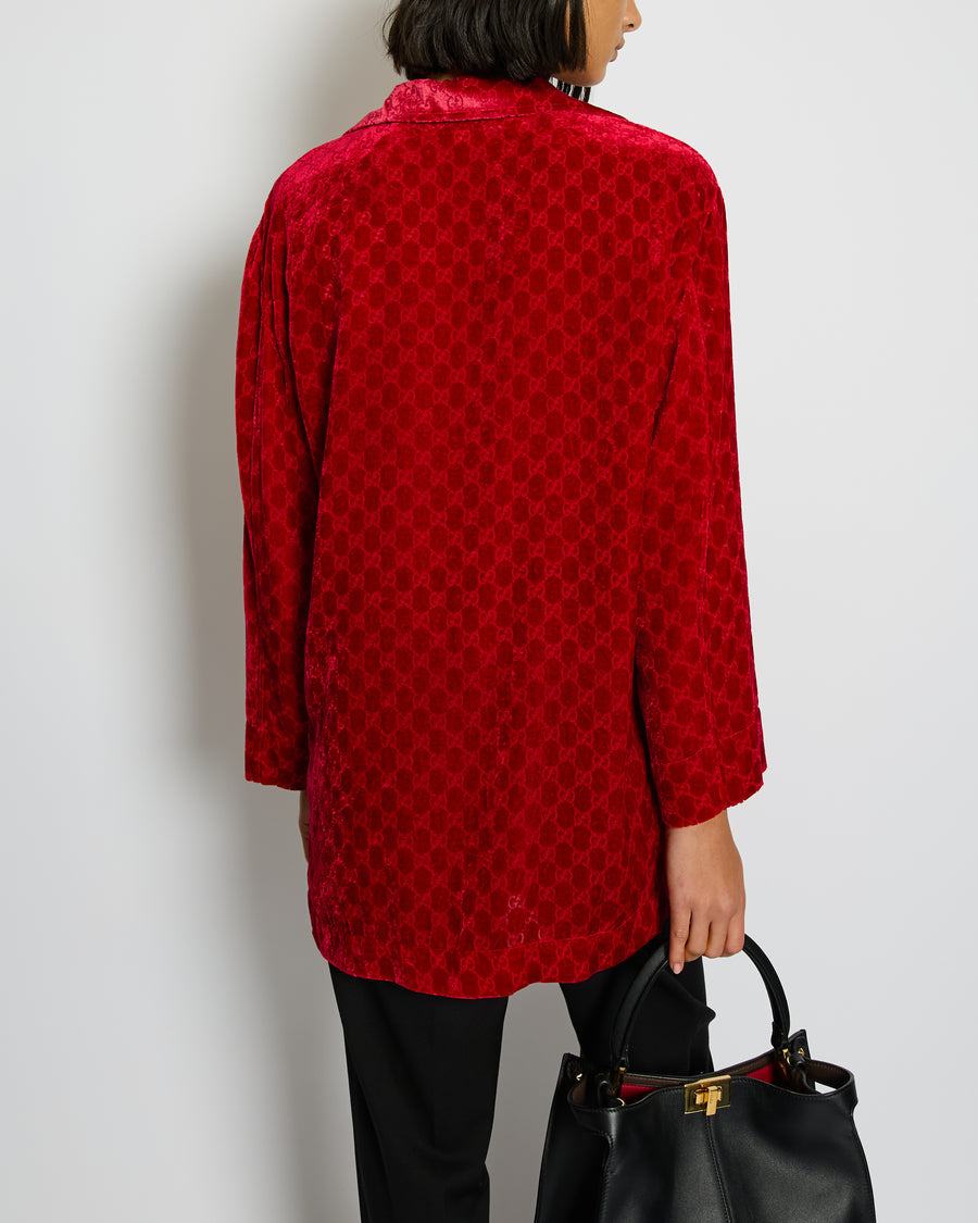 Gucci Red Velvet Long Sleeve GG Monogram Shirt Size IT 38 (UK 6)