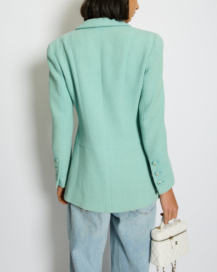 Chanel Tiffany Blue Tweed Jacket with Blue and Gold CC Button Details Size FR 40 (UK 12)