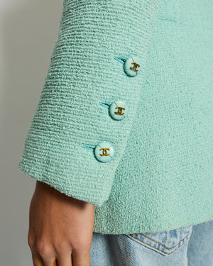 Chanel Tiffany Blue Tweed Jacket with Blue and Gold CC Button Details Size FR 40 (UK 12)