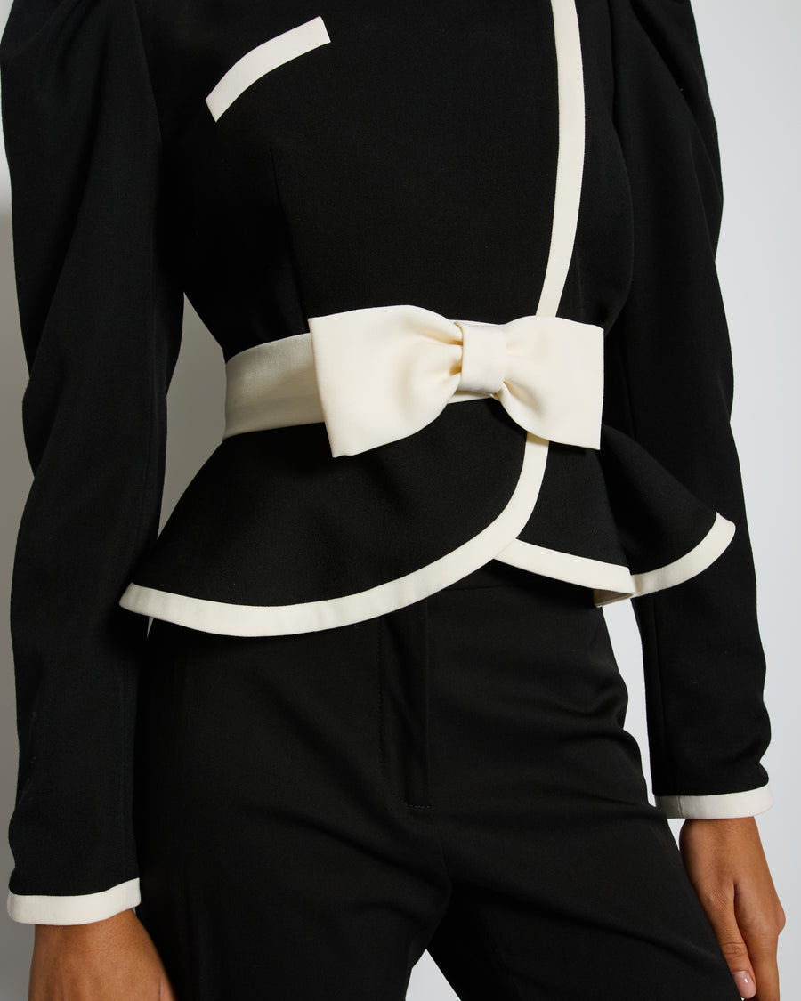 Alessandra Rich Black Wool Peplum Jacket with Removable White Bow Detail Size IT 38 (UK 6) RRP £1,020