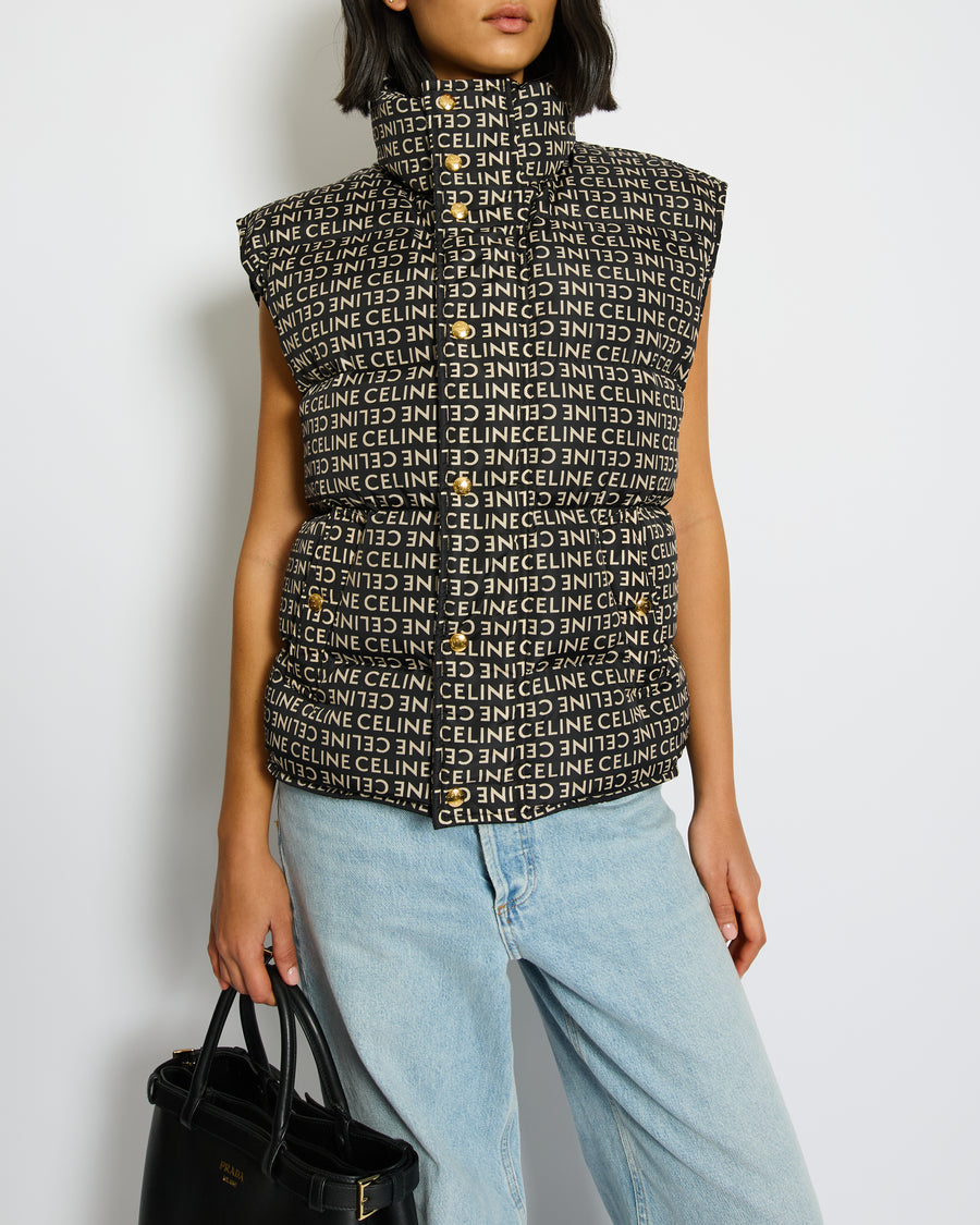 Celine Black and Beige Sleeveless Puffer Jacket with Logo Prints Size XS (UK 6)