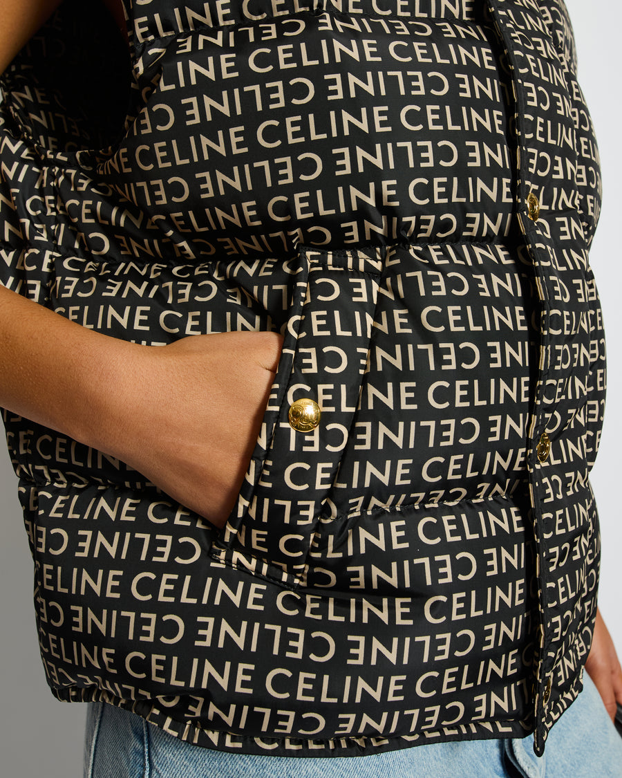 Celine Black and Beige Sleeveless Puffer Jacket with Logo Prints Size XS (UK 6)