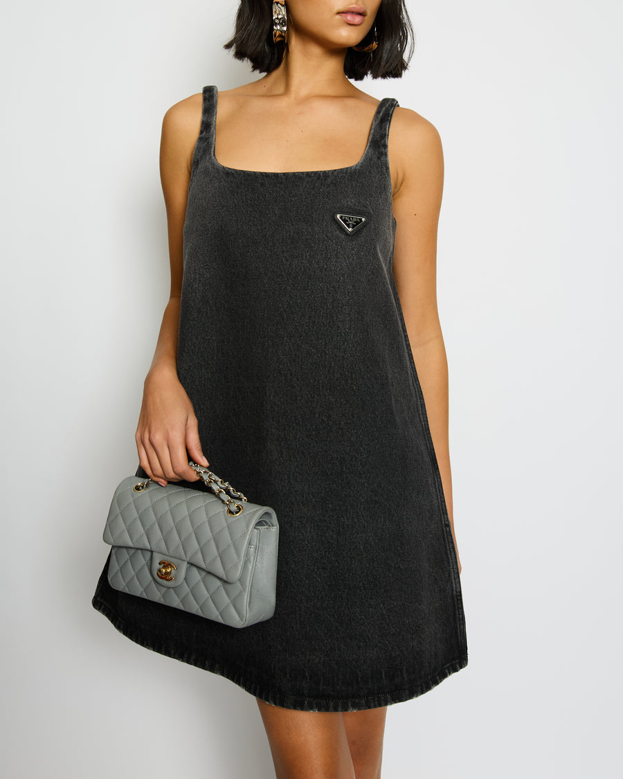 Prada Black Denim Mini Dress with Logo Detail and Distressed Hem Size IT 38 (UK 6)