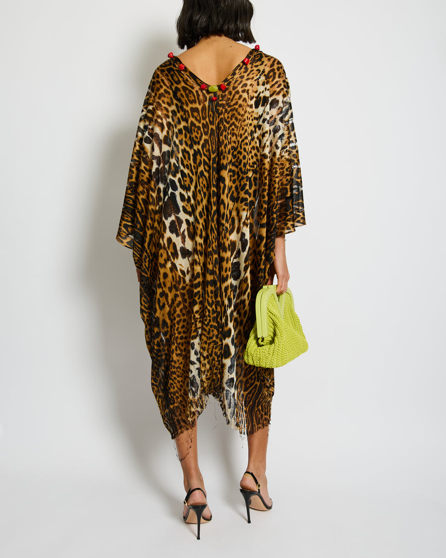 Yves Saint Laurent Brown Leopard Print Beach Cover Up with Stone Tassel Detail Size M (UK 10)