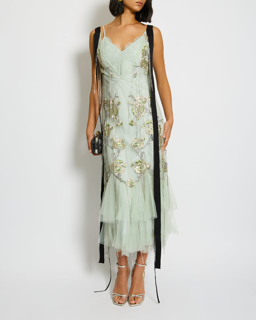 Erdem Green Embellished Tulle Mesh Midi Dress with Tassel Detail Size UK 8