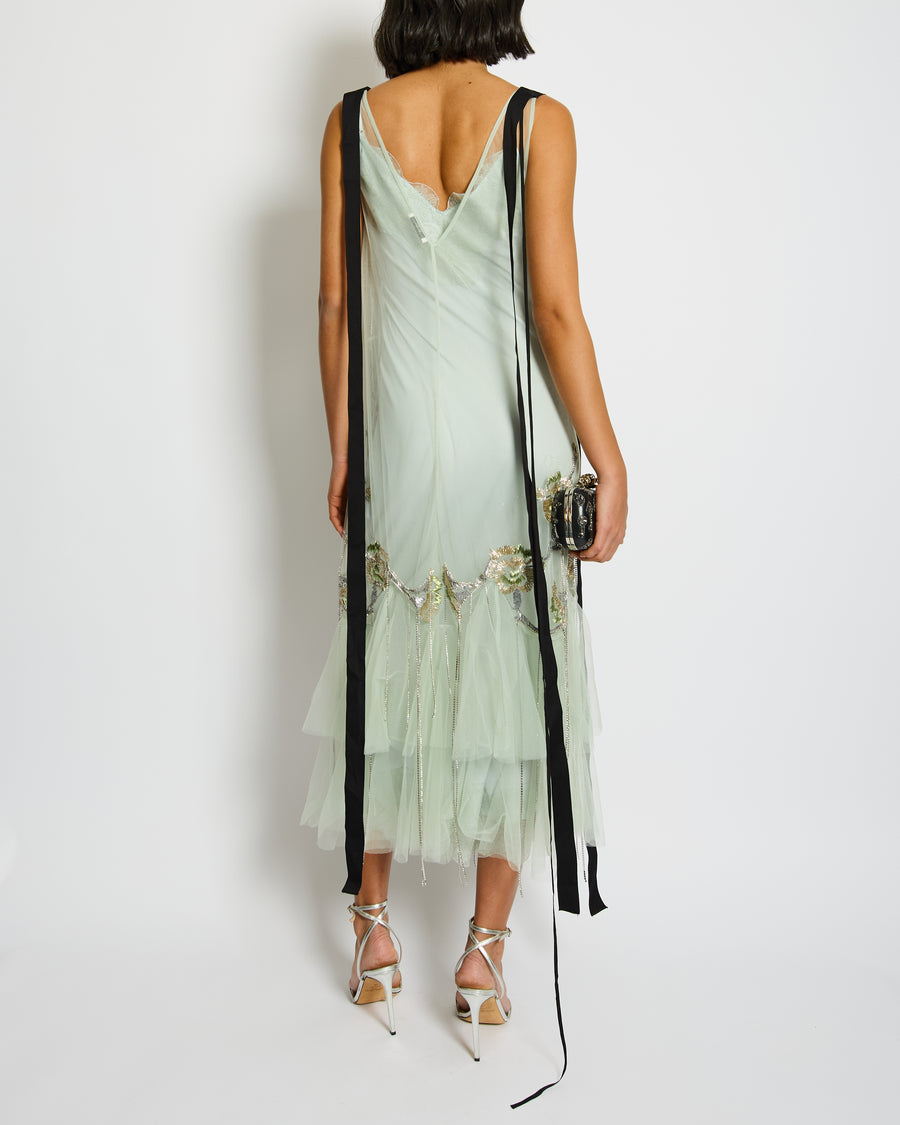 Erdem Green Embellished Tulle Mesh Midi Dress with Tassel Detail Size UK 8