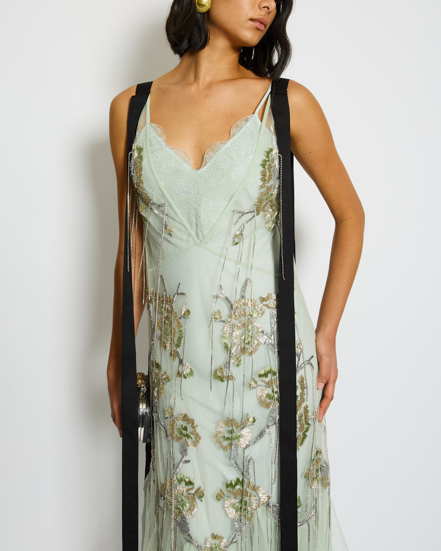 Erdem Green Embellished Tulle Mesh Midi Dress with Tassel Detail Size UK 8