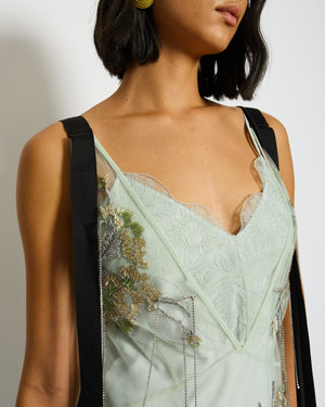 Erdem Green Embellished Tulle Mesh Midi Dress with Tassel Detail Size UK 8