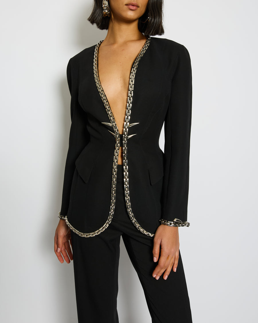 *SUPER RARE* Thierry Mugler Black Single Breasted Blazer with Chain Spike Detail Size FR 36 (UK 8)