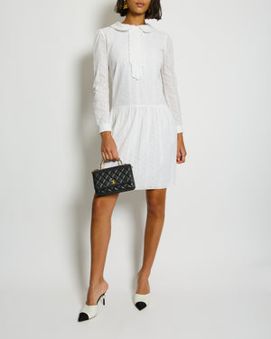 Saint Laurent White Embroidered Long-Sleeve Mini Dress with Collar Detail Size M (UK 10)