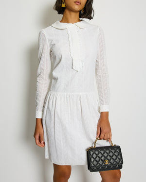 Saint Laurent White Embroidered Long-Sleeve Mini Dress with Collar Detail Size M (UK 10)