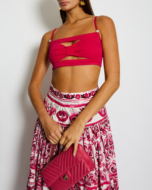 Chanel 21K Raspberry Pink Silk CC Logo Printed Bralette Top with Crystal Details Size FR 38 (UK 10)