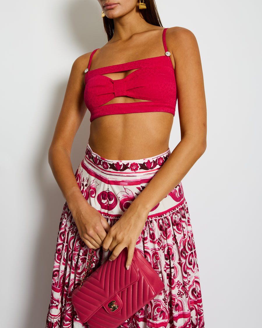 Chanel 21K Raspberry Pink Silk CC Logo Printed Bralette Top with Crystal Details Size FR 38 (UK 10)