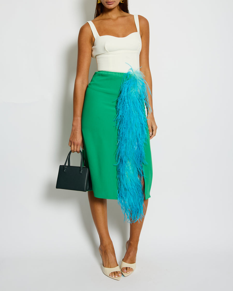 Prada Green and Blue Midi Skirt with Ostrich Feather Details Size IT 38 (UK 6)