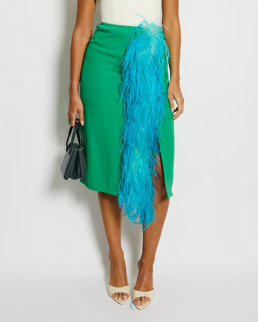 Prada Green and Blue Midi Skirt with Ostrich Feather Details Size IT 38 (UK 6)