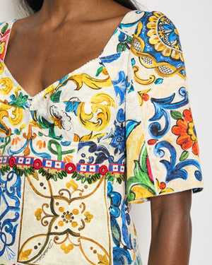 Dolce & Gabbana Yellow Majolica Mid Sleeve Embellished Midi Dress Size IT 40 (UK 8)