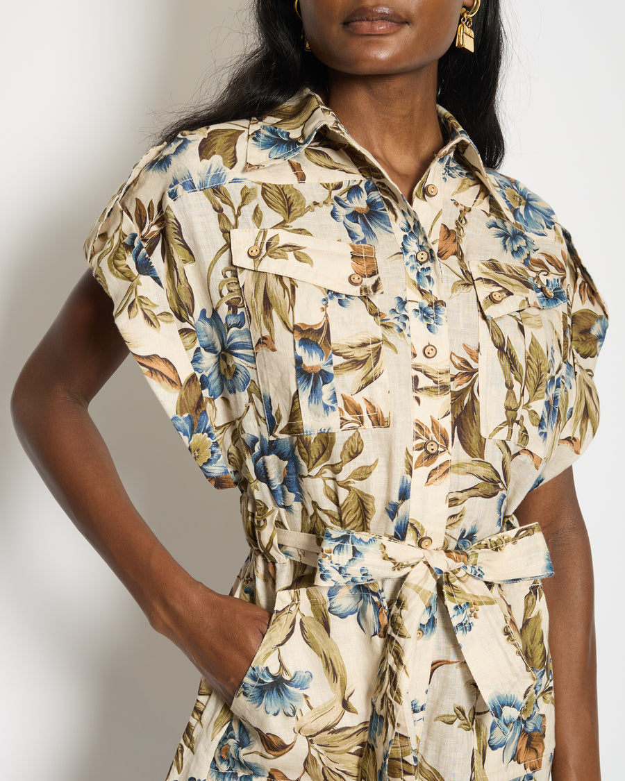 Zimmermann Beige, Green and Blue Floral Printed Short Sleeve Linen Playsuit Size 1 (UK 10)