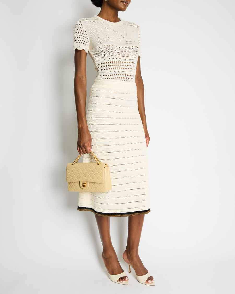 Fendi Cream Crochet Midi Skirt with Black and Brown Trim Detail Size IT 42 (UK 10)