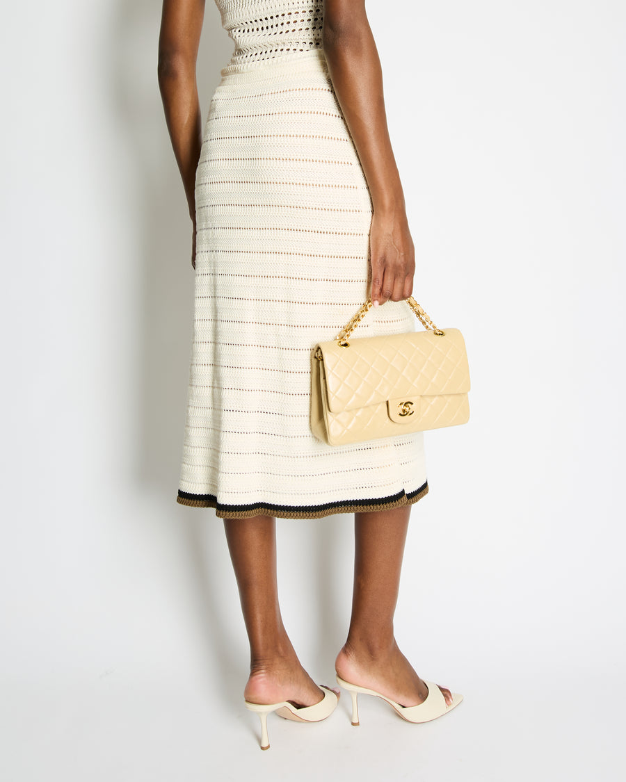 Fendi Cream Crochet Midi Skirt with Black and Brown Trim Detail Size IT 42 (UK 10)
