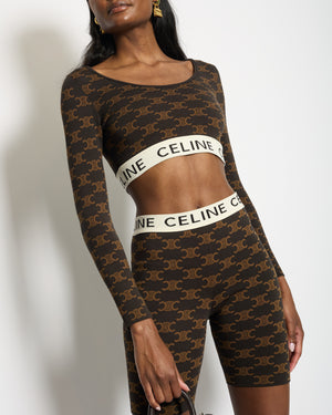 Céline Brown Triomphe Monogram Crop Top and Shorts Set with Logo Waistband Details Size XS (UK 6)