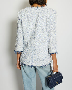 Chanel SS18 White and Blue Fantasy Tweed Jacket with Silver CC Logo Button Detail Size FR 38 (UK 10) RRP £5,100